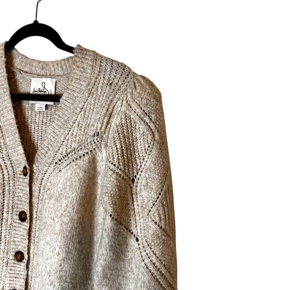Sam Edelman Julietta Ribbed Knit V-Neck Puff Sleeve Button Front Cardigan- Large - Picture 4 of 11